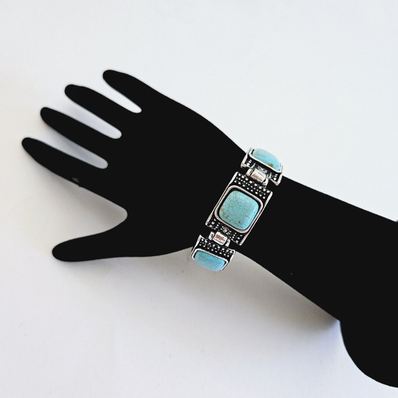 Faux Turquoise Bracelet Blue Geometric Silvertone Southwestern Aztec Boho Tribal - Picture 8 of 9